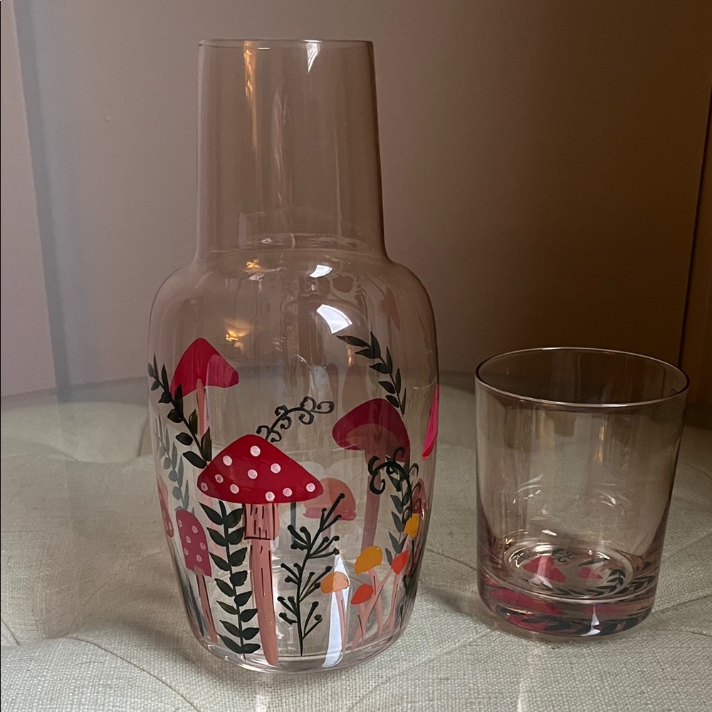 Mushroom and Botanical Hand Painted Glass Carafe Set Cottagecore Boho Retro - Picture 8 of 8